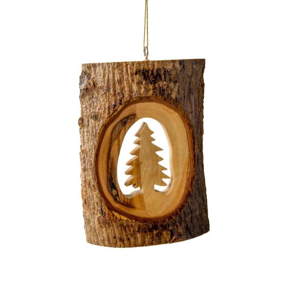 Olive Wood Ornament - Bark with Christmas Tree