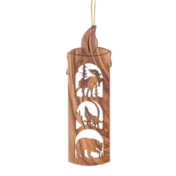 Olive Wood Ornament - Candle with 3 Wildlife Scenes