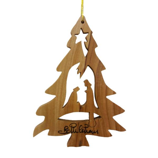 Olive Wood Ornament - Christmas Tree with Nativity