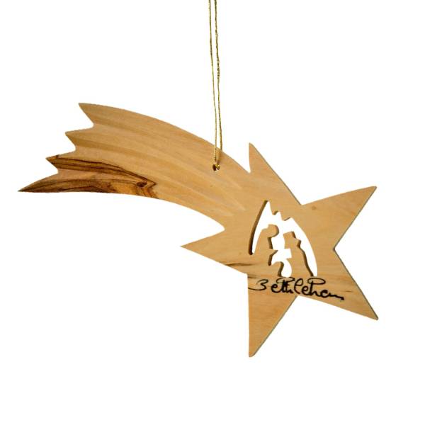 Olive Wood Ornament - Shooting Star with Nativity