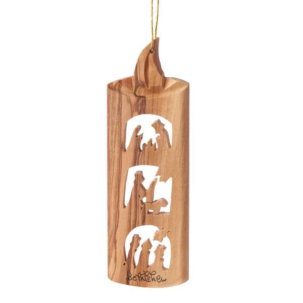 Olive Wood Ornament - Candle with 3 Scenes