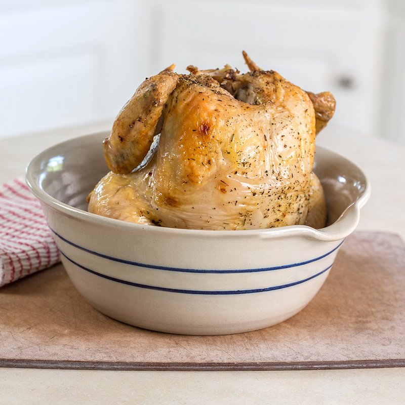 Heritage Blue Stripe Stoneware Chicken Cooker, Pots and Pans Lehman's