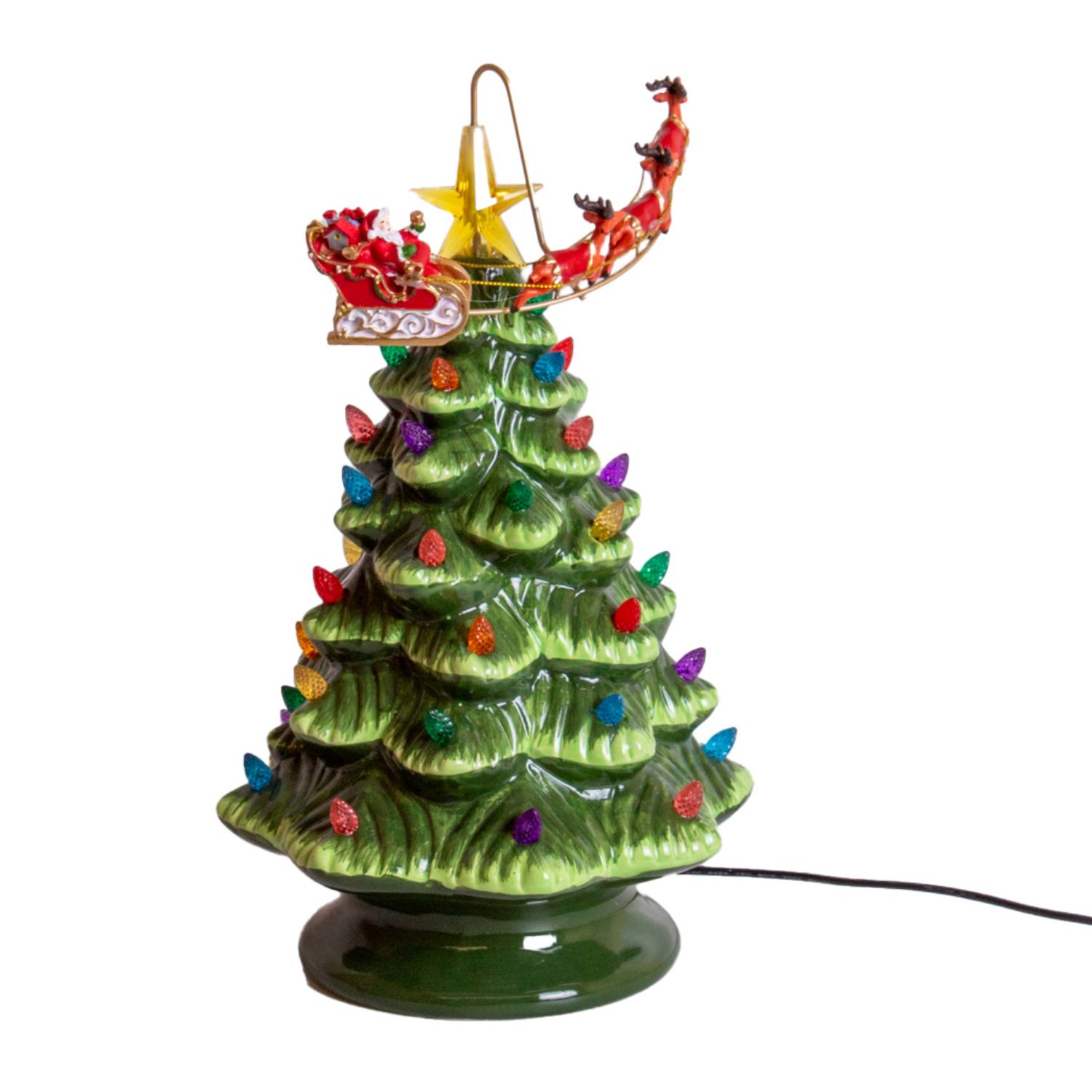 Gerson 12 Lighted Ceramic Holiday Christmas Tree with Rotating Sleigh & Adapter