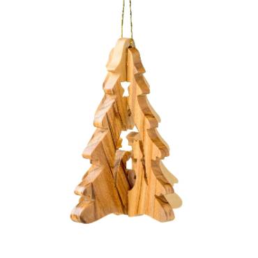 Olive Wood Ornament - 3D Tree with Nativity