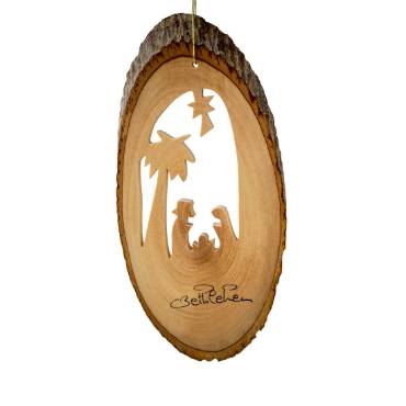 Olive Wood Ornament - Bark Slice Nativity with Palm