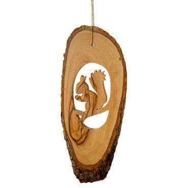 Olive Wood Ornament - Bark Slice with Squirrel