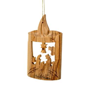 Olive Wood Ornament - Candle with Nativity