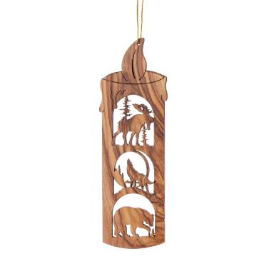 Olive Wood Ornament - Candle with 3 Wildlife Scenes