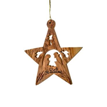 Olive Wood Ornament - Star with Nativity and Angels