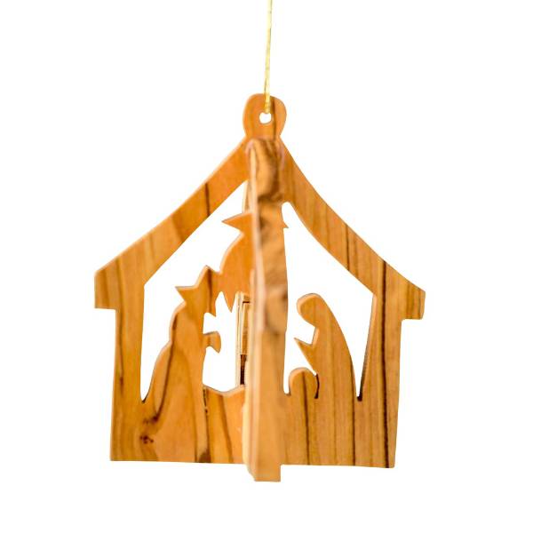 3D Stable with Nativity Olive Wood Ornament