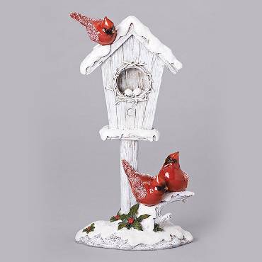 Snowy Bird House with Cardinals Figurine
