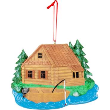 Log Cabin with Boat Resin Ornament