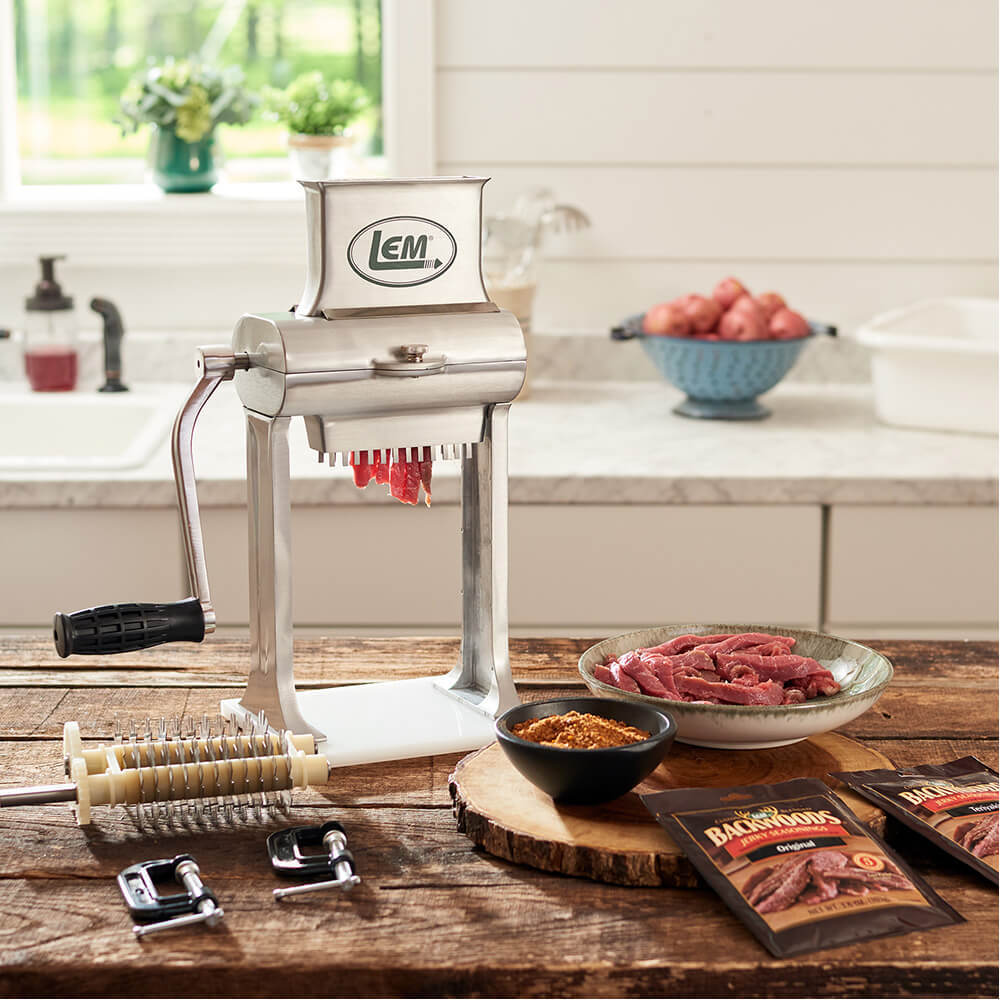 Meat Tenderizer Jerky Slicer with Stainless Steel Blades Clamps & Tongs  Included
