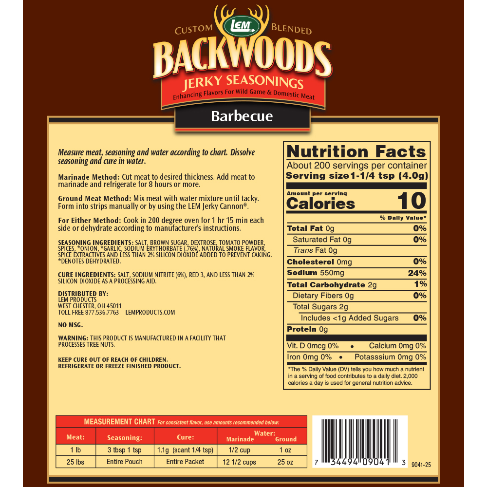 Backwoods BBQ Jerky Seasoning - Directions & Nutritional Info - Makes 25 lbs.