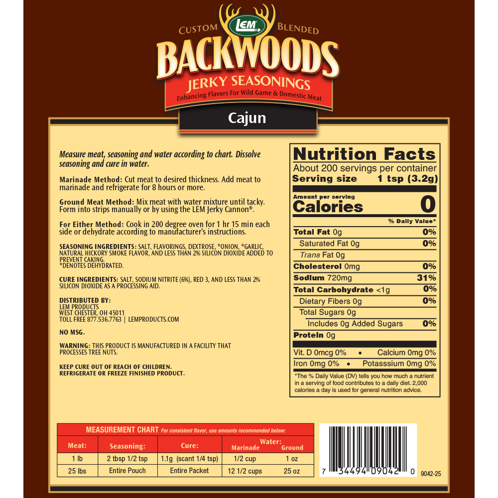 Backwoods Cajun Jerky Seasoning - Makes 25 lbs. - Directions & Nutritional Info