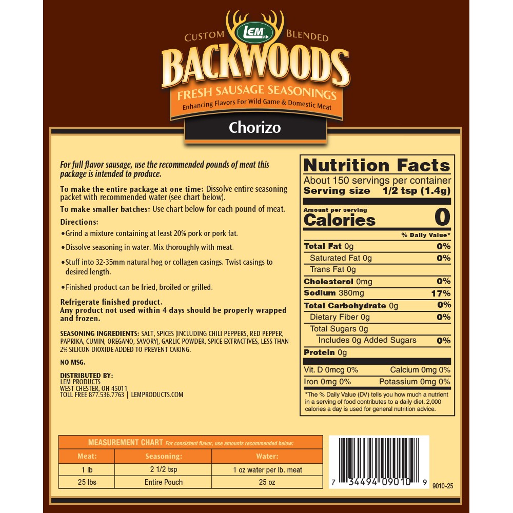 Backwoods Chorizo Fresh Sausage Seasoning - Makes 25 lbs. - Directions & Nutritional Info