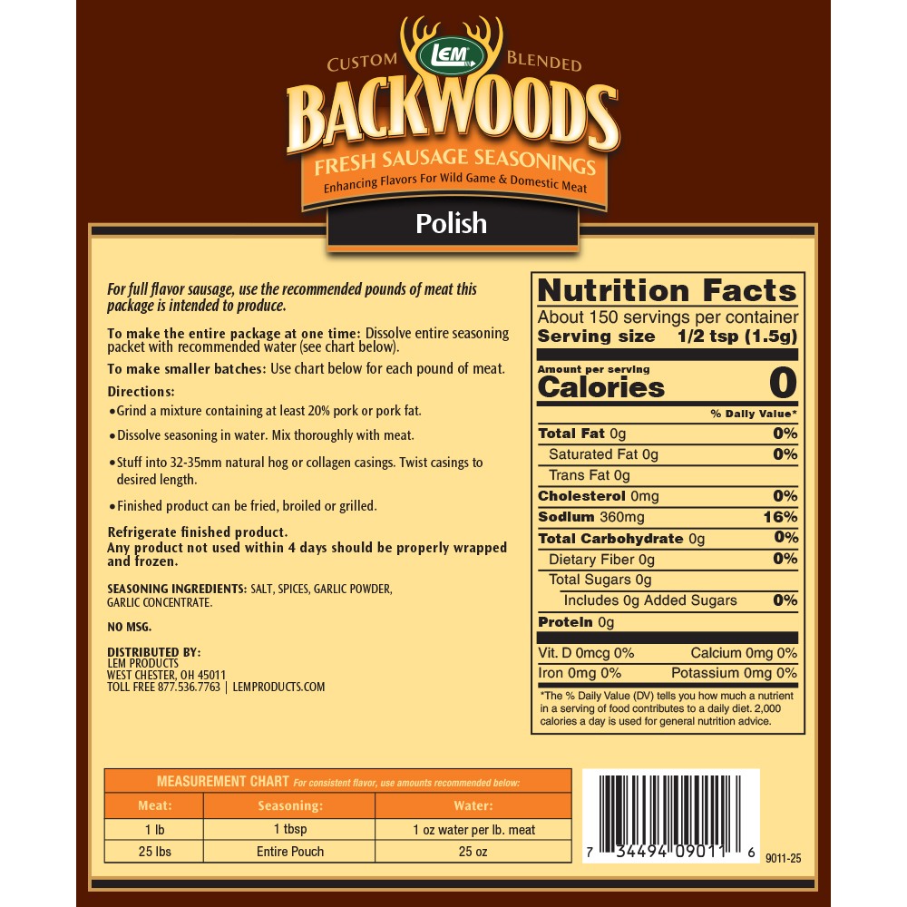 Backwoods Polish Fresh Sausage Seasoning - Makes 25 lbs. - Directions & Nutritional Info