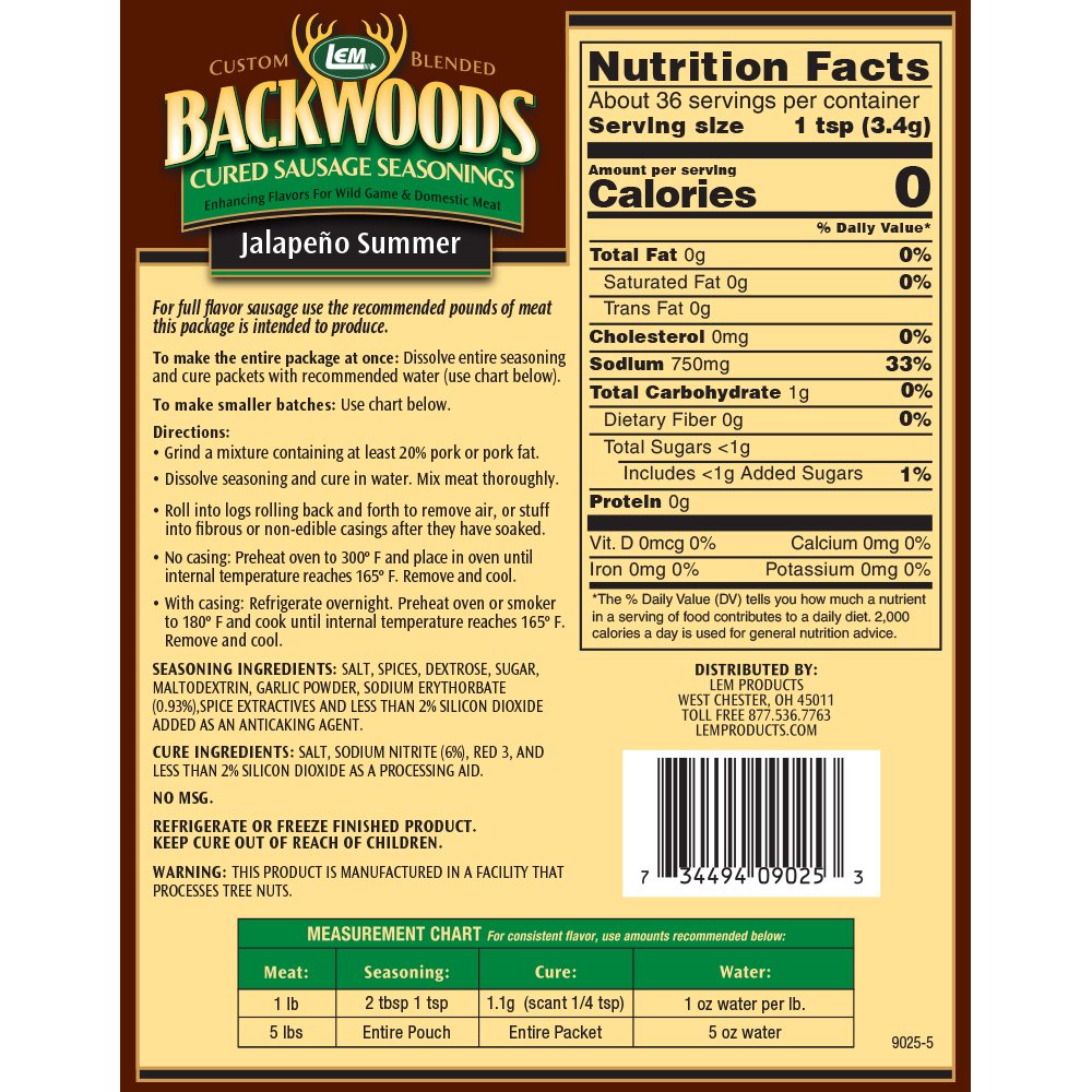 Backwoods Jalapeno Summer Cured Sausage Seasoning - Makes 5 lbs. - Directions & Nutritional Info