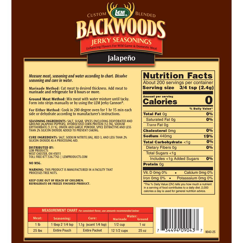 Backwoods Jalapeno Jerky Seasoning - Makes 25 lbs. - Directions & Nutritional Info