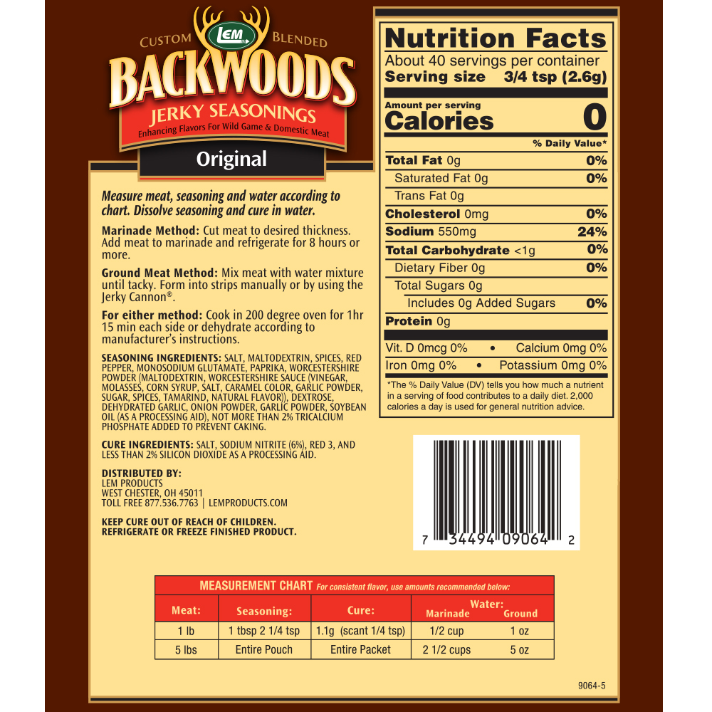 Backwoods Original Jerky Seasoning Directions & Nutritional Info - Makes 5 lbs.