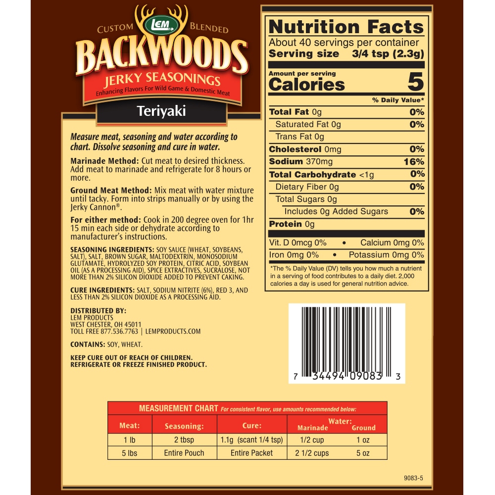 Backwoods Teriyaki Jerky Seasoning - Makes 5 lbs. - Directions & Nutritional Info