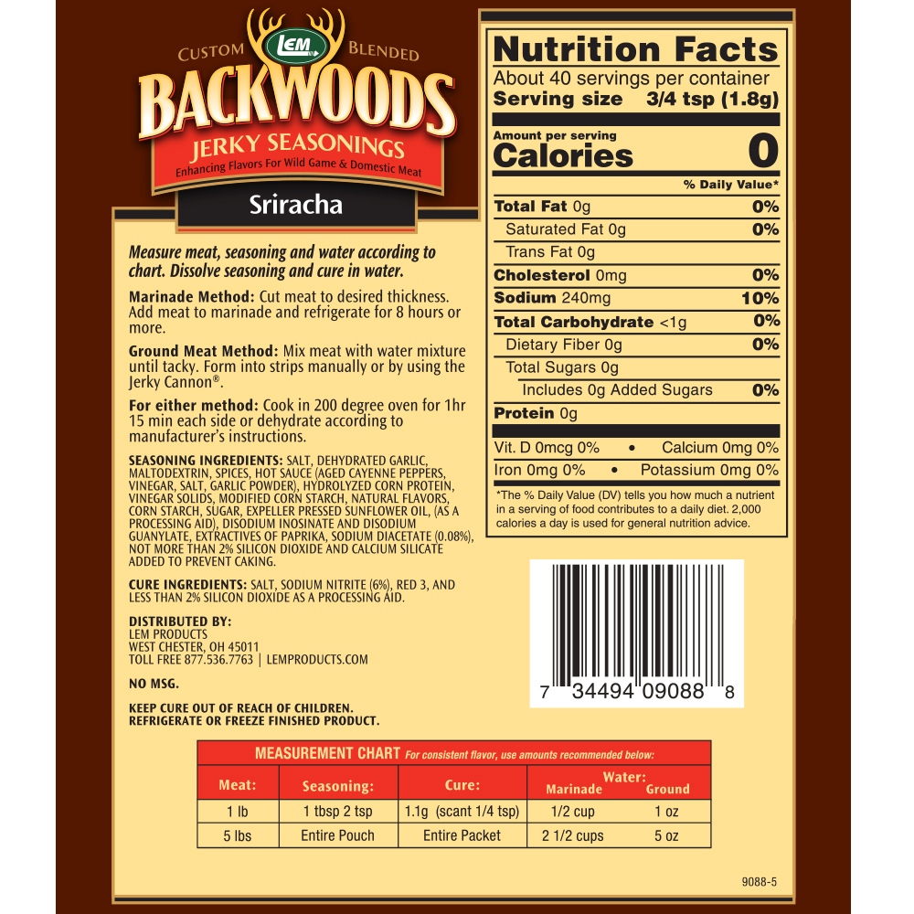 Backwoods Sriracha Jerky Seasoning Makes 5 lbs. Nutritional Info