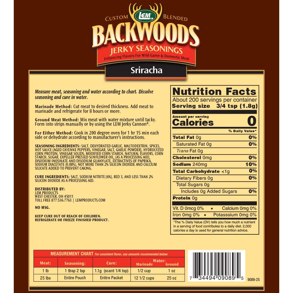 Backwoods Sriracha Jerky Seasoning Makes 25 lbs. Nutritional Info