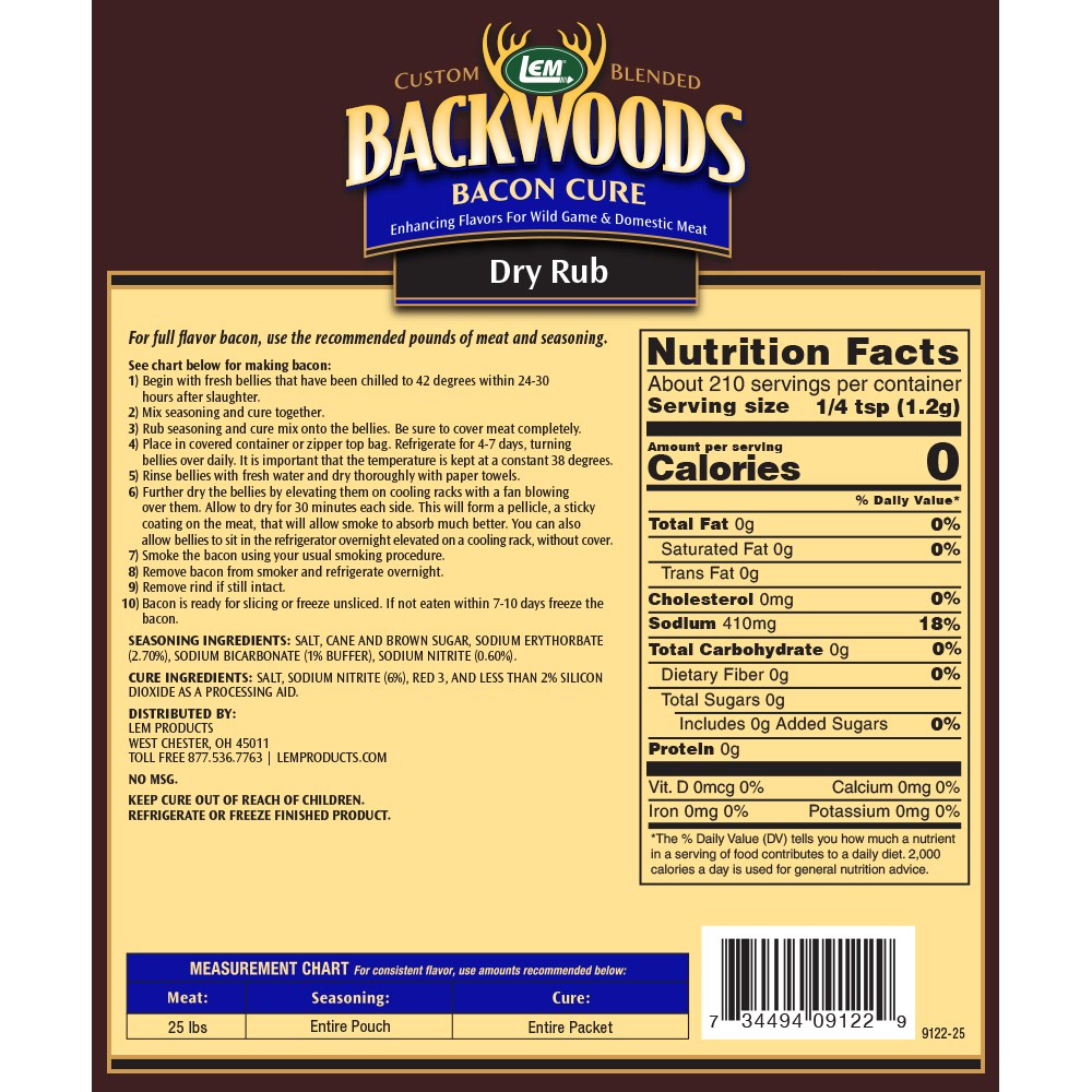 Backwoods Bacon Cure Dry Rub Directions & Nutritional Info