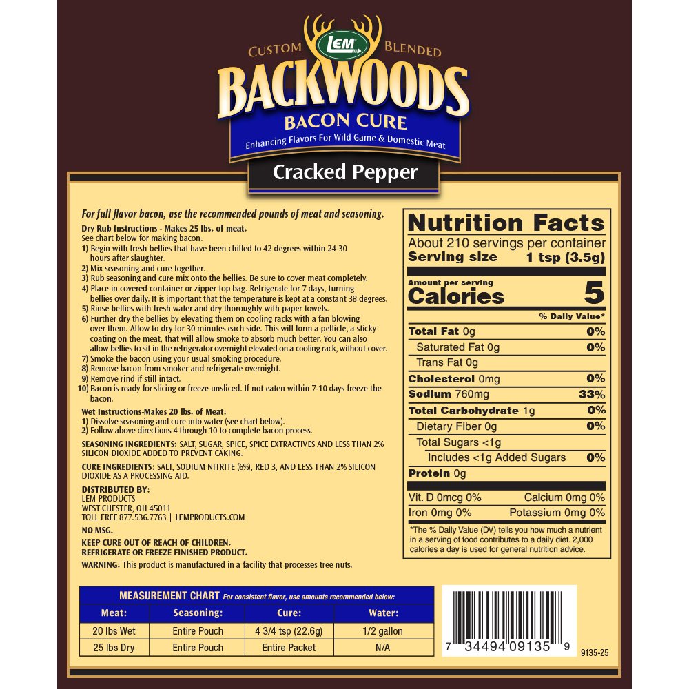 Backwoods Cracked Pepper Bacon Cure Directions and Nutritional Info