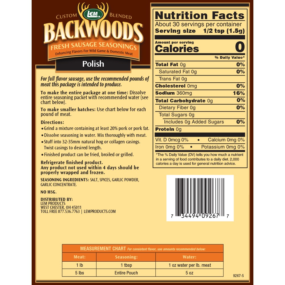 Backwoods Polish Fresh Sausage Seasoning - Makes 5 lbs. - Directions & Nutritional Info