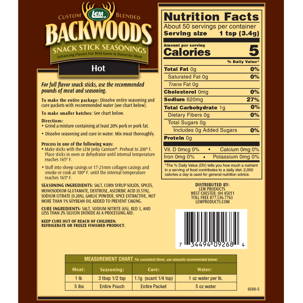 Backwoods Hot Snack Stick Seasoning - Makes 5 lbs. - Directions & Nutritional Info