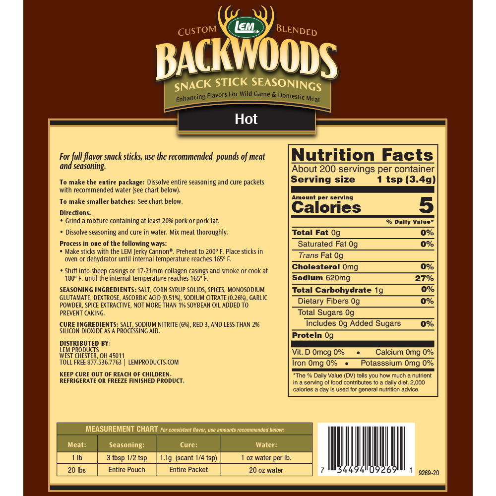 Backwoods Hot Snack Stick Seasoning - Makes 25 lbs. - Directions & Nutritional Info