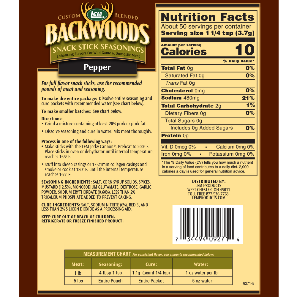 Backwoods Pepper Snack Stick Seasoning - Makes 5 lbs. - Directions & Nutritional Info