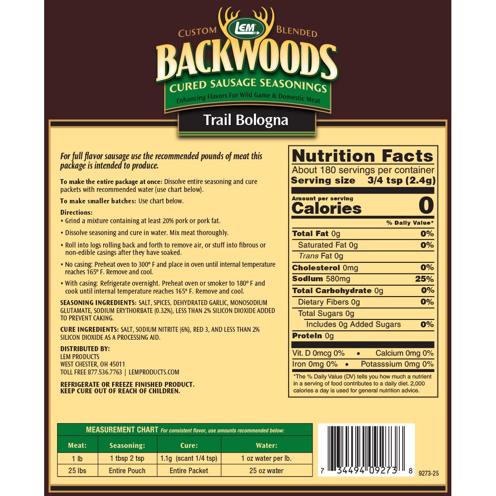 Backwoods Trail Bologna Cured Sausage Seasoning - Makes 25 lbs. - Directions & Nutritional Info