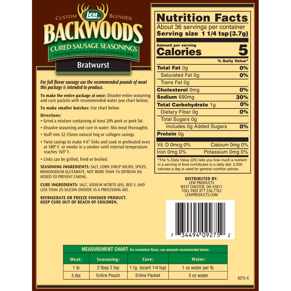 Backwoods Bratwurst Cured Sausage Seasoning - Makes 5 lbs. - Directions & Nutritional Info