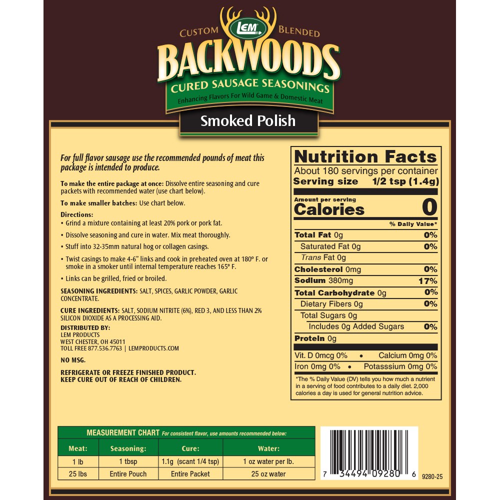 Backwoods Smoked Polish Cured Sausage Seasoning - Makes 25 lbs. - Directions & Nutritional Info