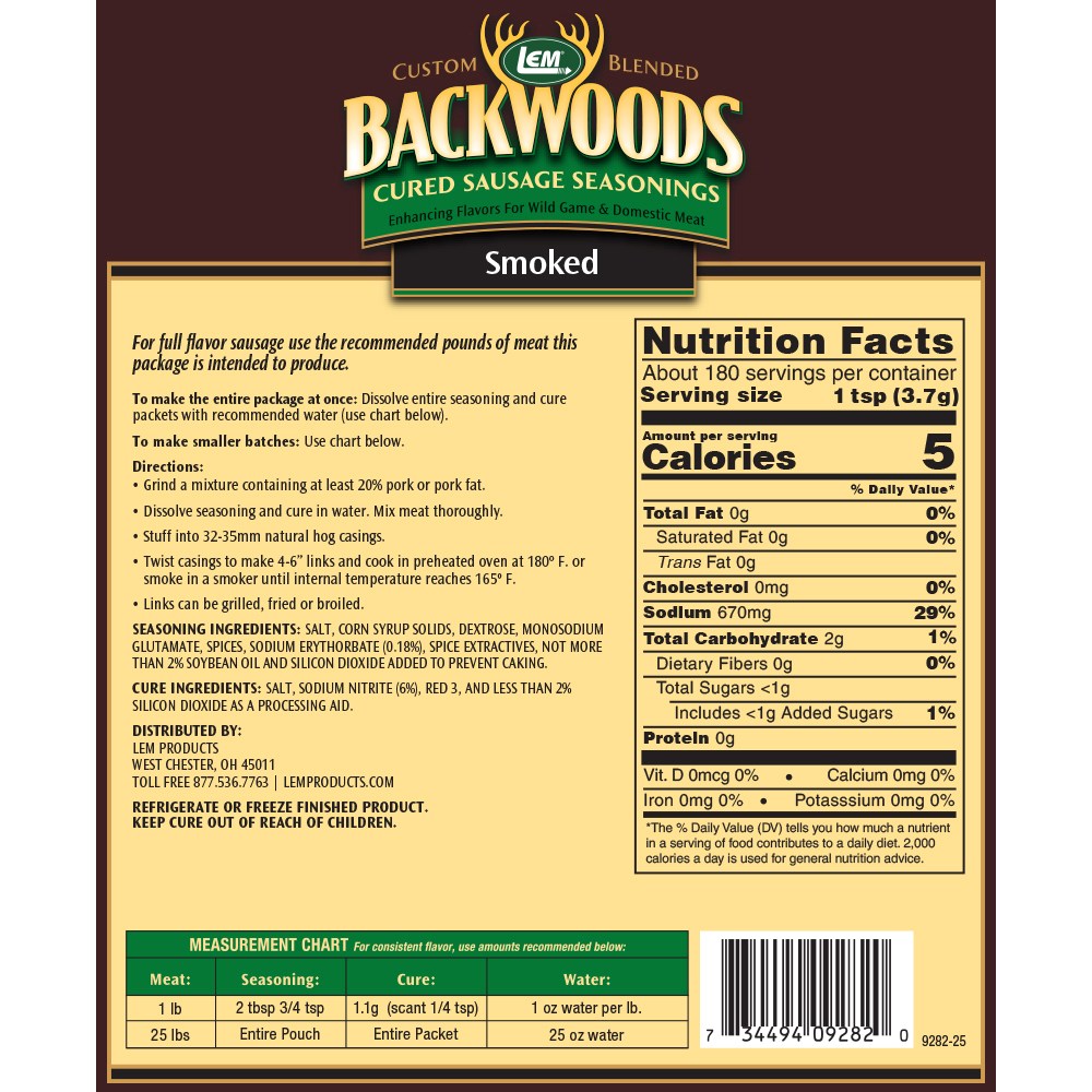 Backwoods Smoked Sausage Cured Sausage Seasoning - Makes 25 lbs. - Directions & Nutritional Info