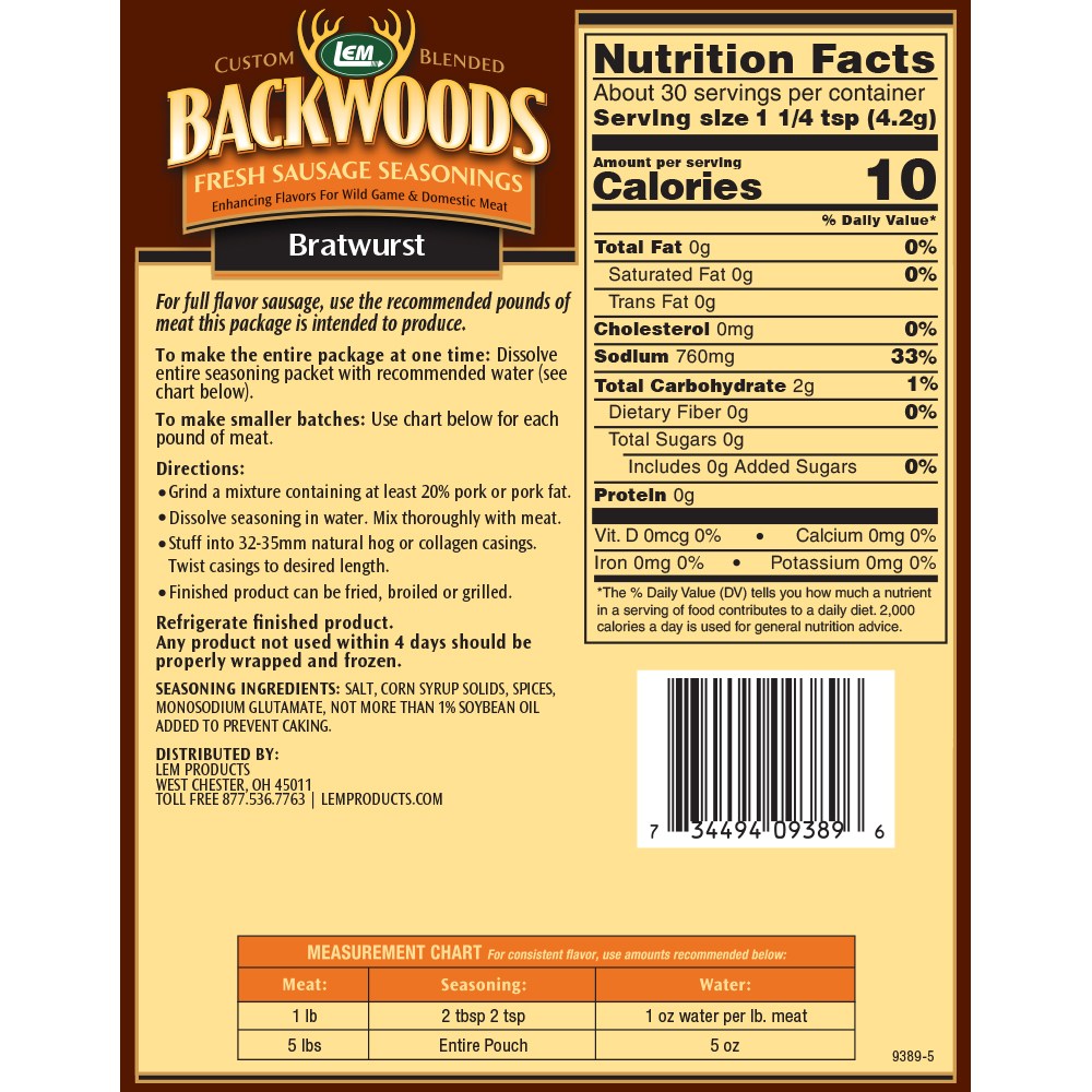 Backwoods Bratwurst Fresh Sausage Seasoning - Makes 5 lbs. - Directions & Nutritonal Info