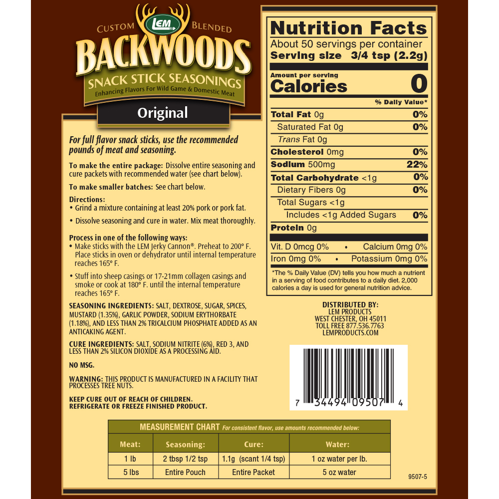 Backwoods Original Snack Stick Seasoning - Makes 5 lbs. - Directions & Nutritional Info