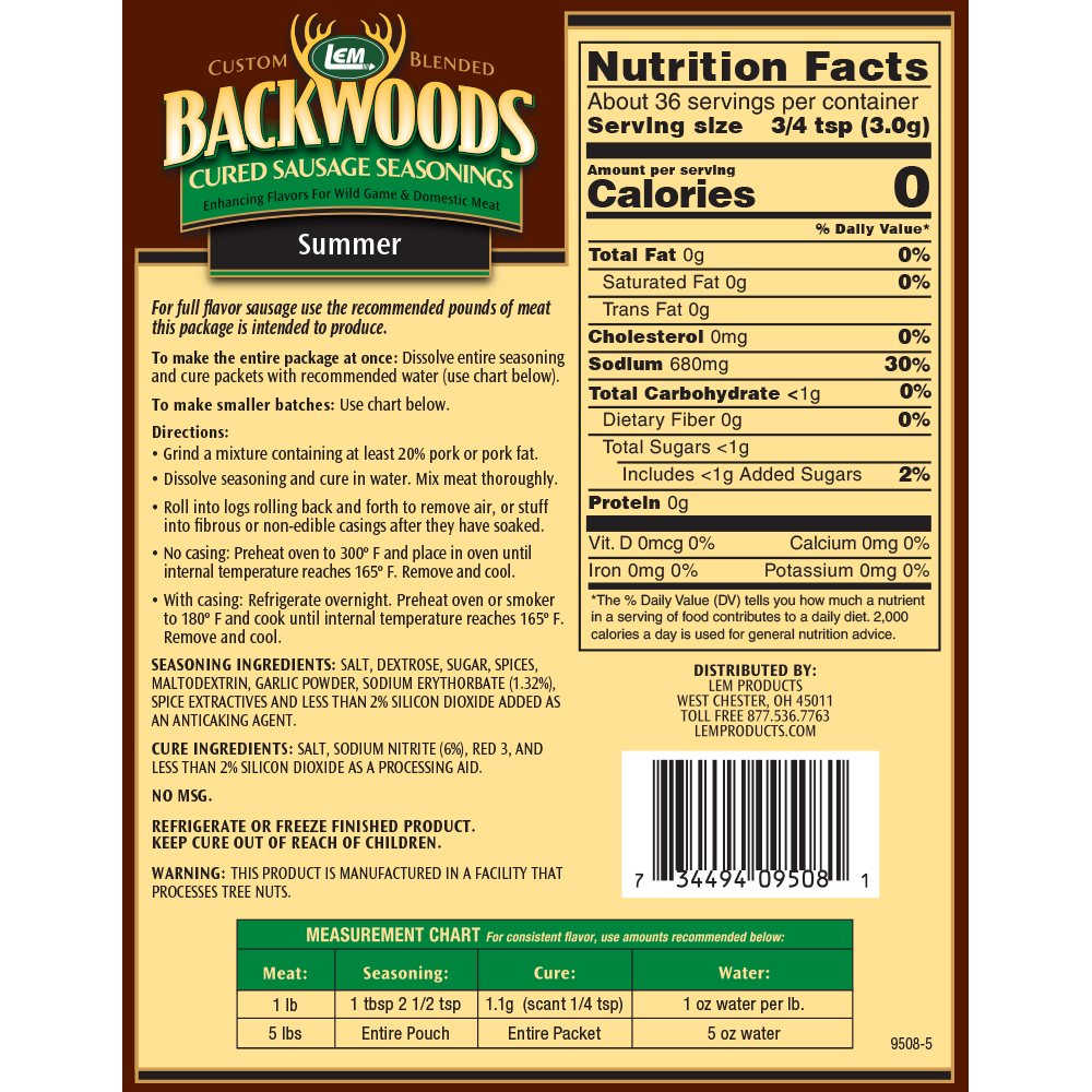 Backwoods Summer Sausage Cured Sausage Seasoning - Makes 25 lbs. - Directions & Nutritional Info