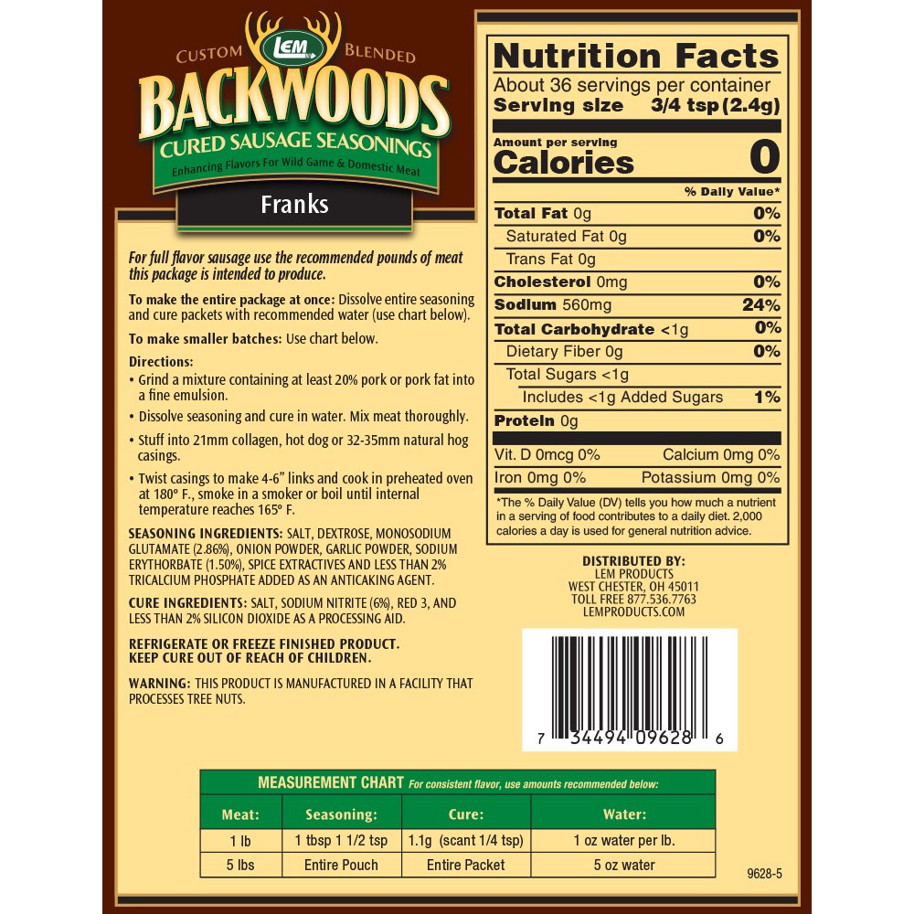 Backwoods Franks Cured Sausage Seasoning - Makes 5 lbs. - Directions & Nutritional Info