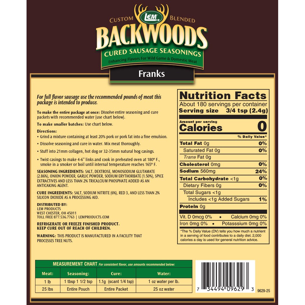 Backwoods Franks Cured Sausage Seasoning - Makes 25 lbs. - Directions & Nutritional Info