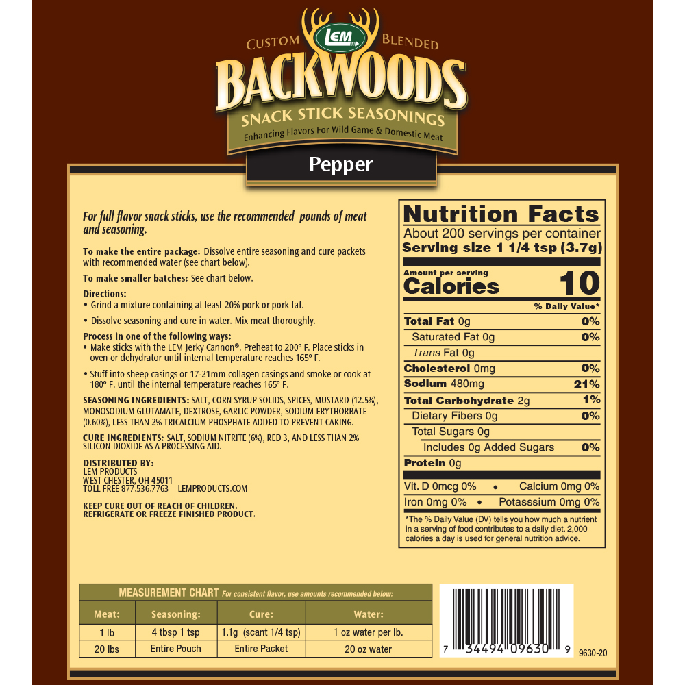 Backwoods Pepper Snack Stick Seasoning - Makes 25 lbs. - Directions & Nutritional Info