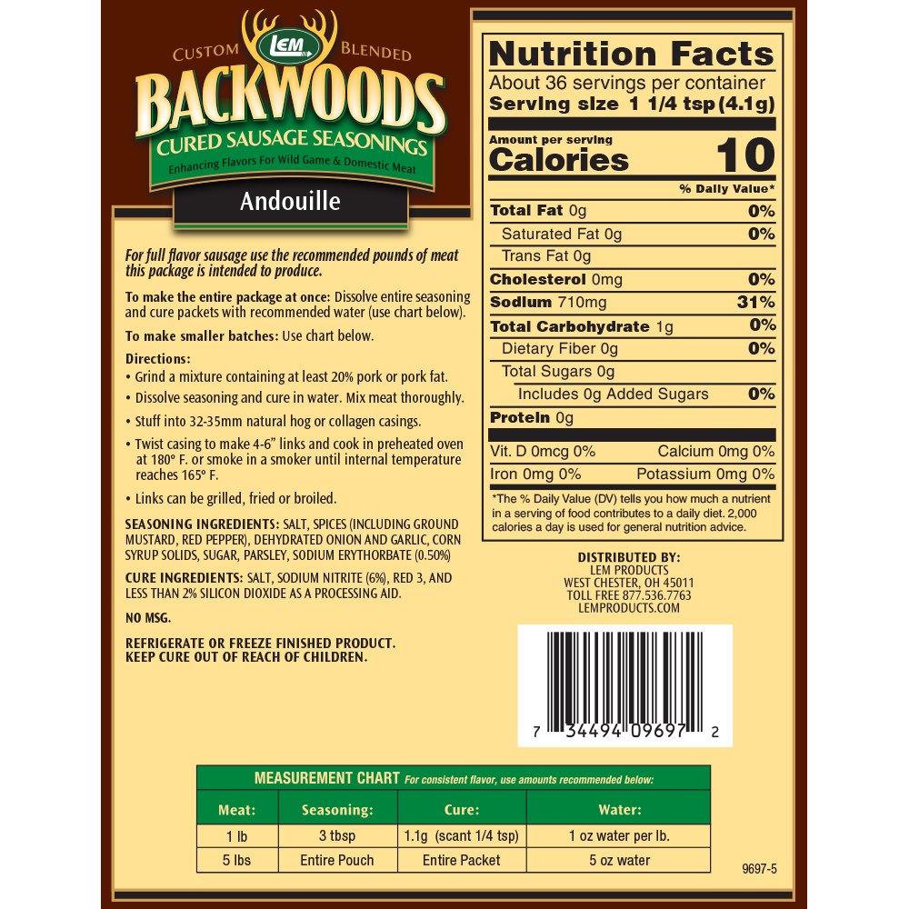 Backwoods Andouille Cured Sausage Seasoning - Makes 5 lbs. - Directions & Nutritional Info
