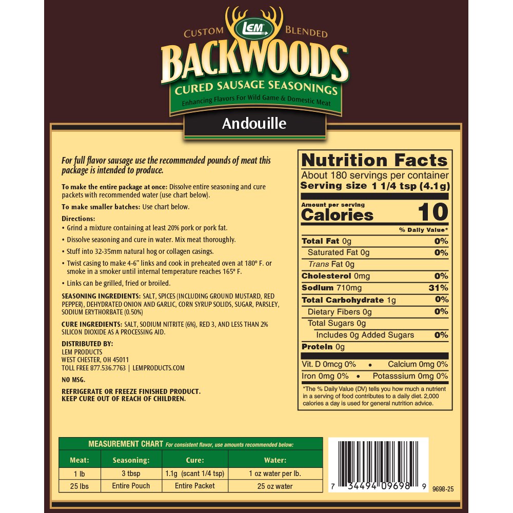 Backwoods Andouille Cured Sausage Seasoning - Makes 25 lbs. - Directions & Nutritional Info