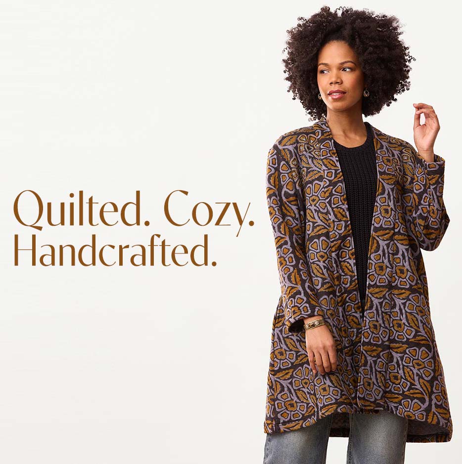Quilted. Cozy. Handcrafted. Block Printed Quilted Jacket in black, grey, gold.