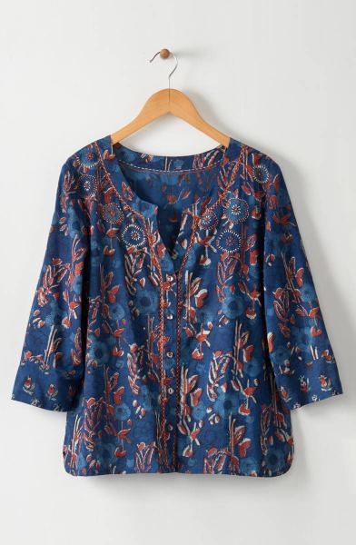 Kalini 3/4-Sleeve Button-Front Top - Indigo/Multi Kalini 3/4-Sleeve Button-Front Top - Indigo/Multi