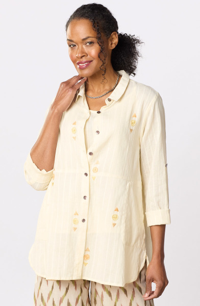 Lasksha Lightweight Button-Down Embroidered Shirt - Cream Lasksha Lightweight Button-Down Embroidered Shirt - Cream