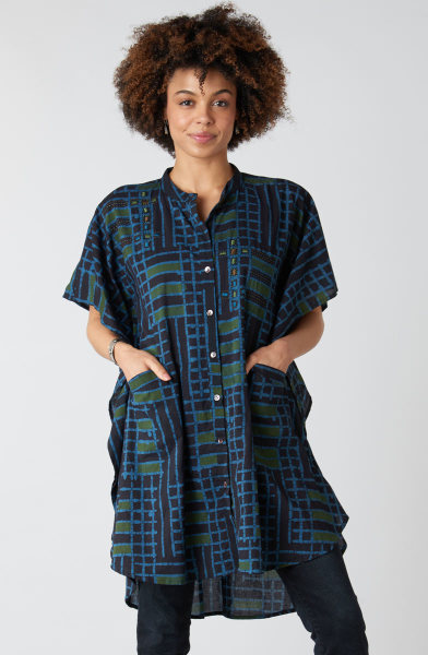 Anika Band Collar Kaftan Shirt - Charcoal/Multi Anika Band Collar Kaftan Shirt - Charcoal/Multi