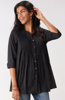 Vaishali Pleated Button-Down Tunic - Black